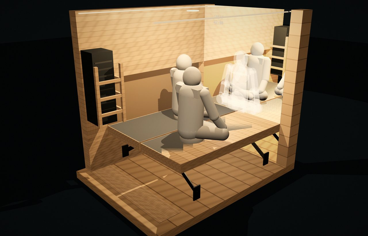 Cutaway rendered from the CAD: the joined platform, the pocket in the far wall, two 5 ft 8 in figures facing the mirror wall, the grille column and rail in the entry corner.