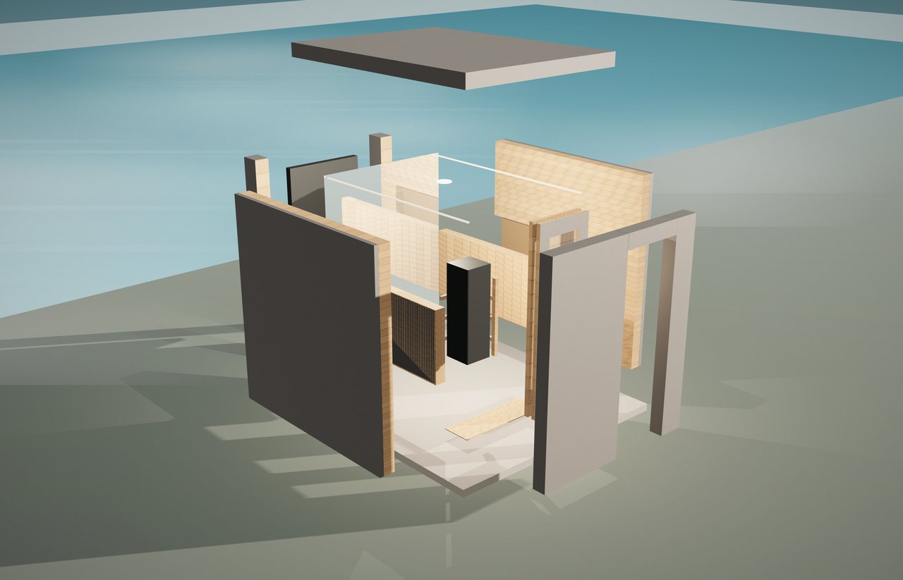 Exploded view rendered from the CAD: roof lifted, wall panels pulled outward, the cedar interior and benches in place.