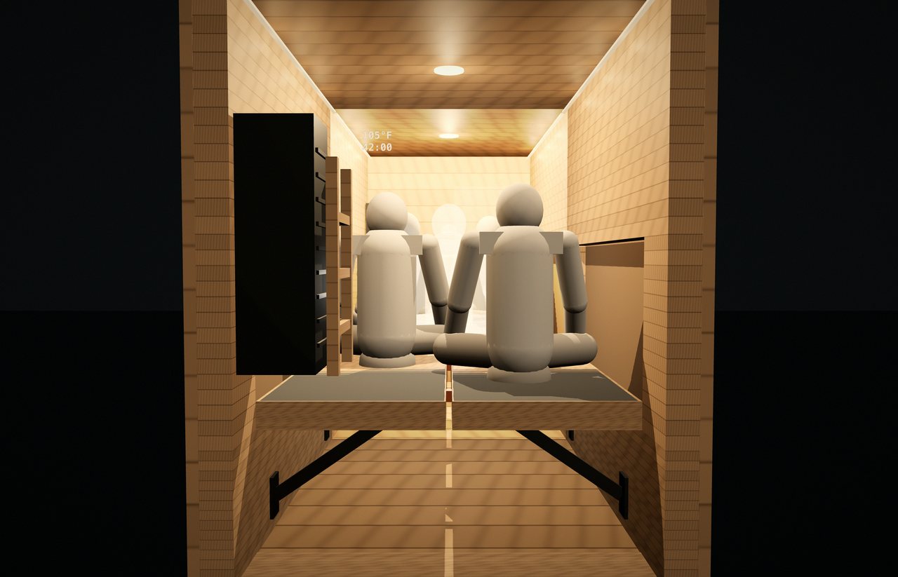 Render from the CAD: the two halves locked into one platform 24 in up, two figures seated on it facing the mirror wall.