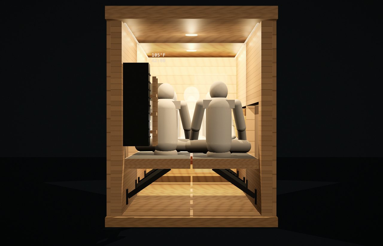 Straight-on section rendered from the CAD looking down the room from the entry: platform at 24 in, the recess above it, the mirror wall with the teacher.