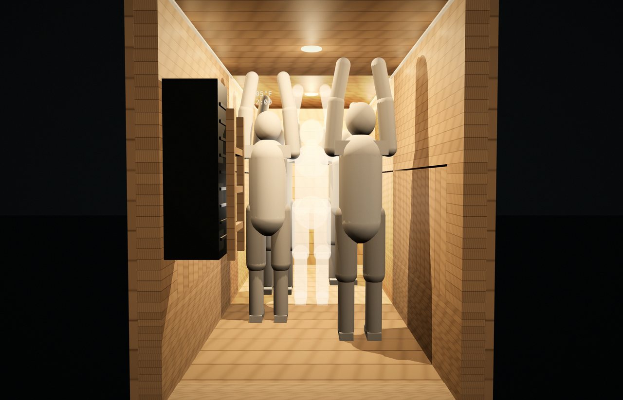 Render from the CAD: two 5 ft 8 in figures standing with arms overhead, both benches parked flush in the walls, the floor clear.