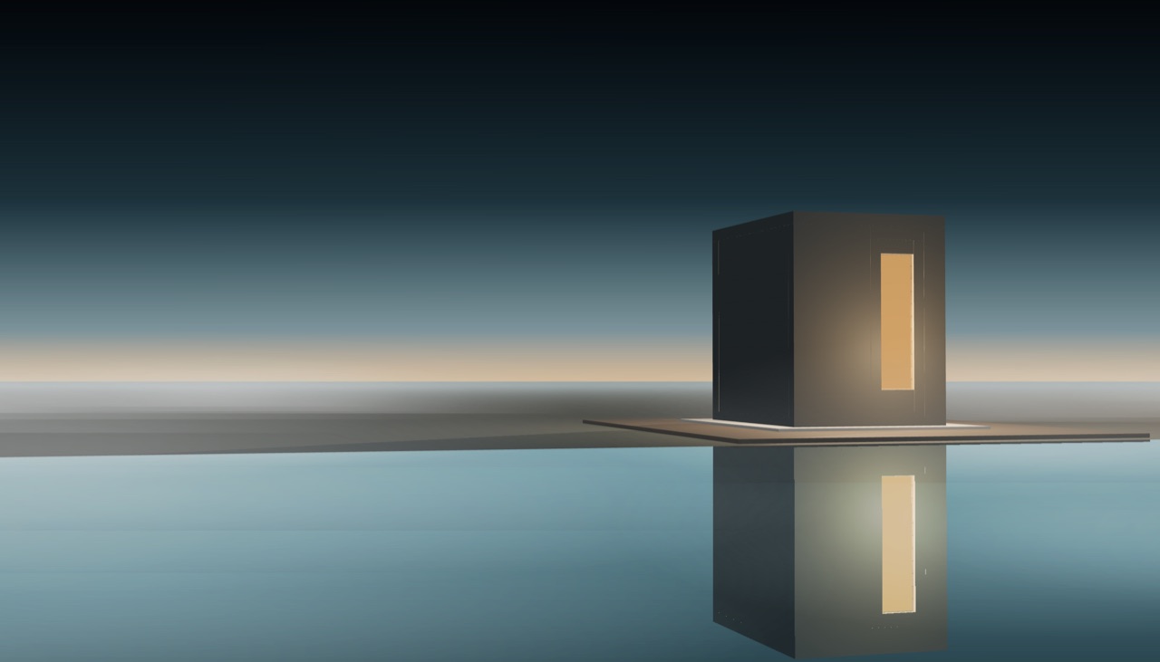 Rendered from the CAD: the dark 5 by 7 foot cabin on a low deck at the edge of still water at dawn, mist on the ground, one warm light through the door lite, its reflection in the water.