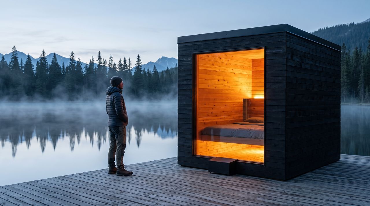 Concept image: the dark timber cabin on a dock at a still, misty lake at dawn, one warm light inside, a person beside it for scale.